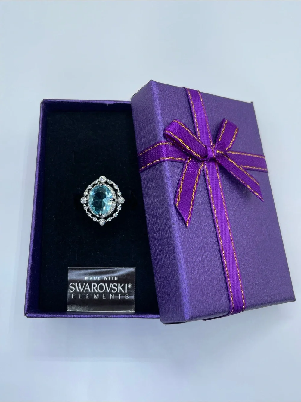 Swarovski Crystal Elements Aquamarine Blue Crystal Halo Art Deco Ring Sz 10